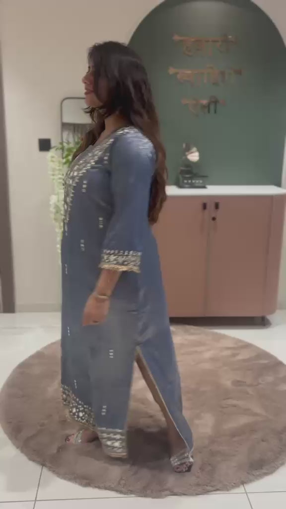 Steel Blue Embroidered Straight Kaftan Dress
