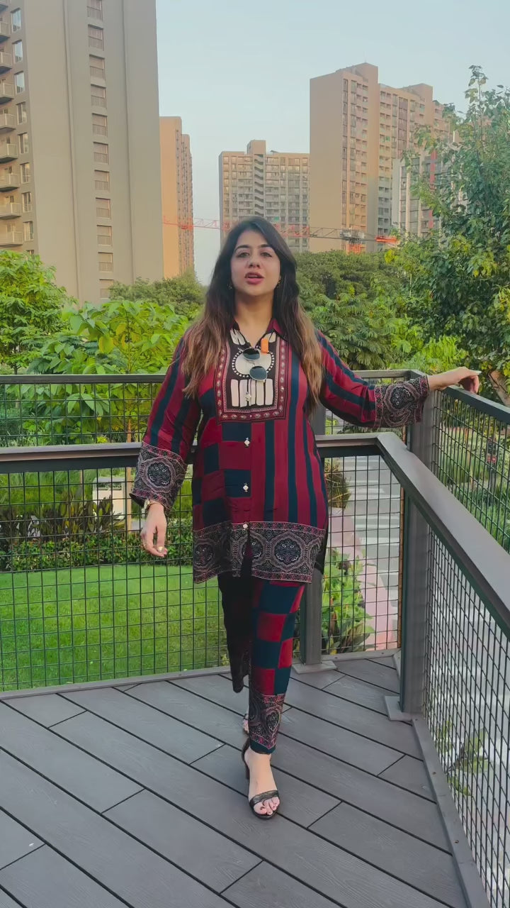 Women’s Red & Navy Crepe Co-Ord Set with Designer Print