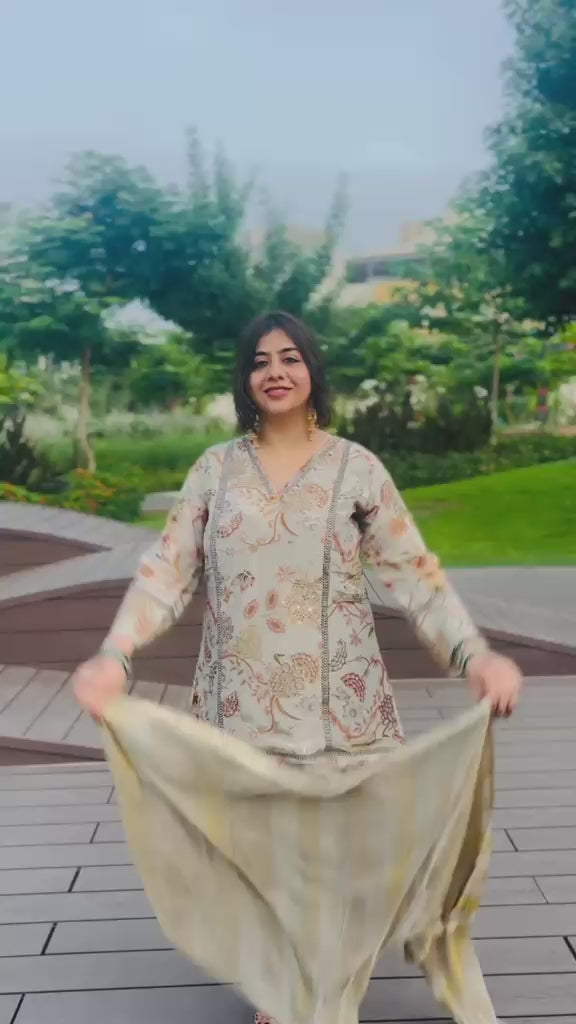 Metallic Floral Printed Embroidered 3-Piece Farshi Suit with Dupatta