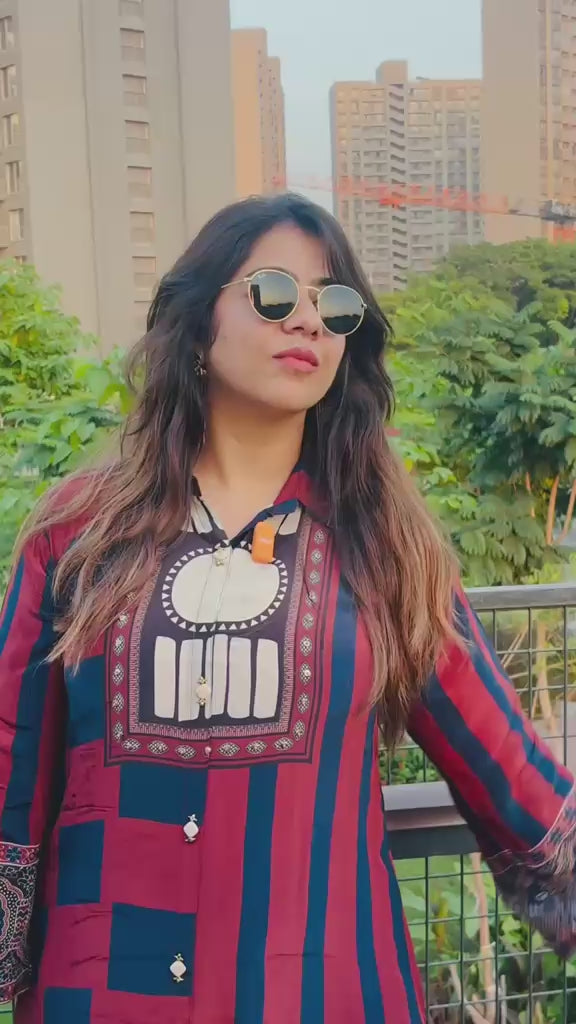 Women’s Red & Navy Crepe Co-Ord Set with Designer Print