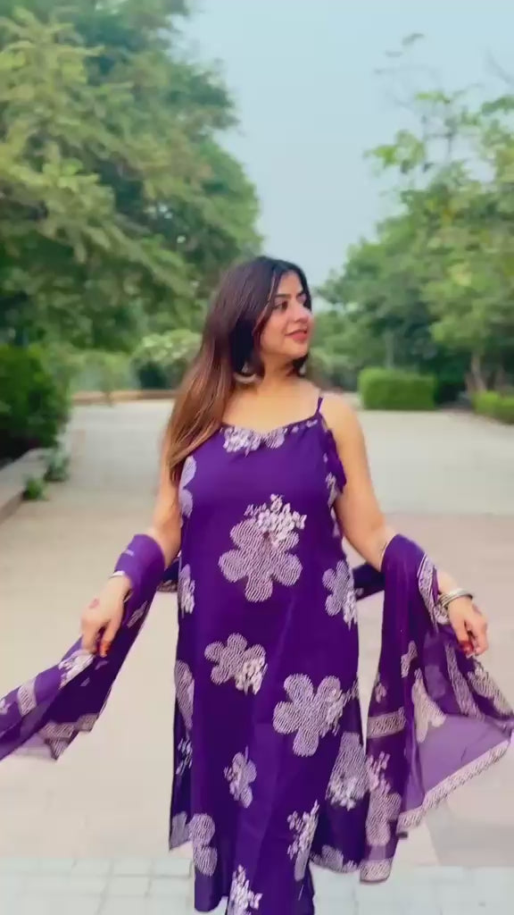 Purple Floral Printed Spaghetti Strap Kurta Set with Dupatta