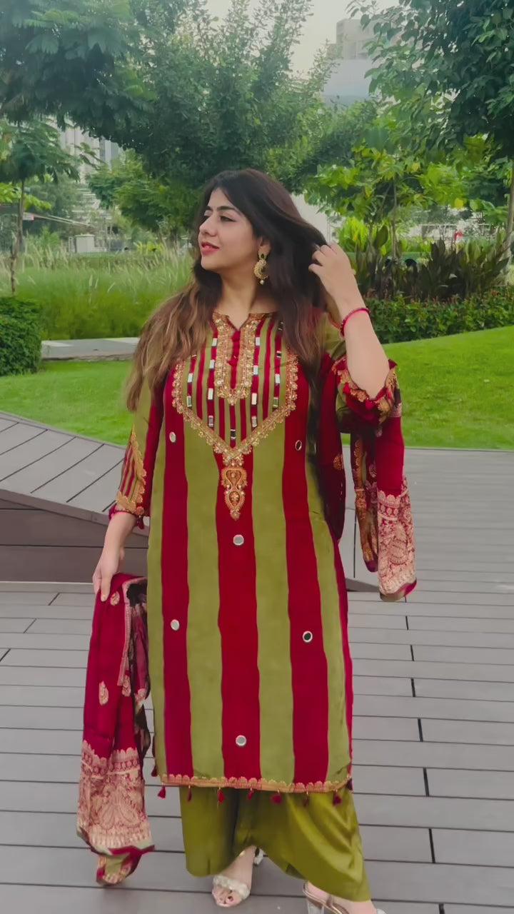 Women’s Red & Olive Green Embroidered Kurta Set with Wide-Leg Pants & Dupatta