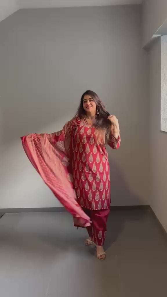 Maroon Printed Farshi Salwar Suit Set for Women | Traditional Ethnic 3-Piece Outfit