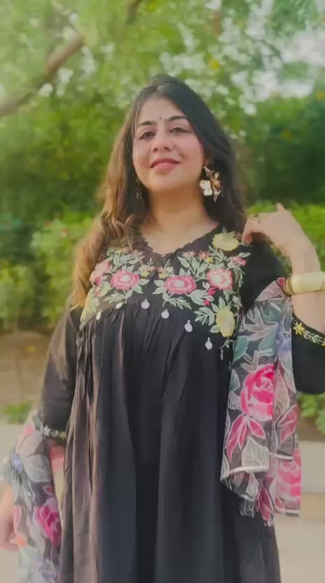 Midnight Bloom Embroidered Kurta Set with Floral Organza Dupatta