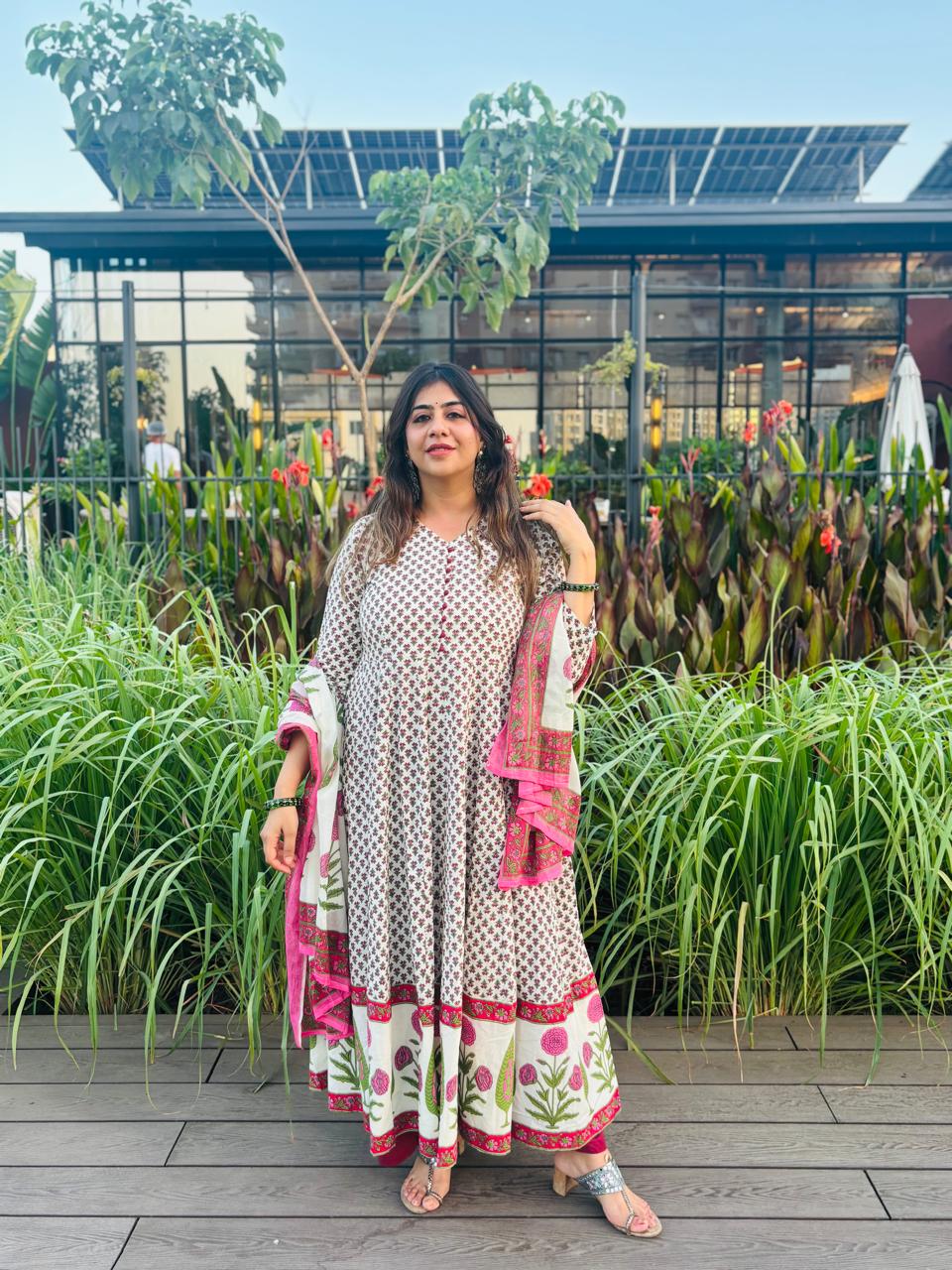 White Anarkali Block Print